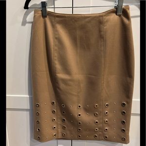 Tan WHBM pencil skirt with gold grommets